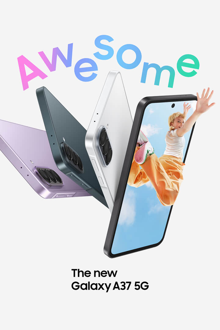 Промо-зображення смартфона Samsung Galaxy A37 5G у кількох кольорах із написом “Awesome” та демонстрацією екрана з яскравим зображенням.