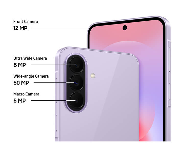 Зображення Samsung Galaxy A37 5G у фіолетовому кольорі з позначенням камер: фронтальна 12 Мп, ультраширока 8 Мп, основна 50 Мп і макрокамера 5 Мп.
